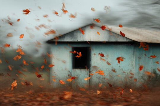 Autumn Day Rustic Barn Concept, First autumn day brings rustic charm as orange maple leaves dance around abandoned weathered barn mystical foggy