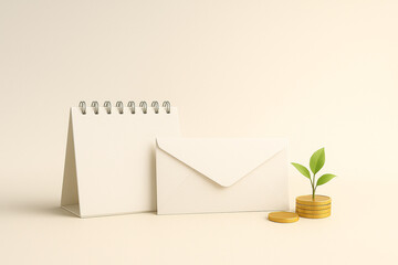 株主通知と配当金イメージ｜封筒・カレンダーと若葉・コインのシンプルコンセプト　Shareholder Notification and Dividend Income Concept | Envelope, Calendar, Sprout, and Coins
