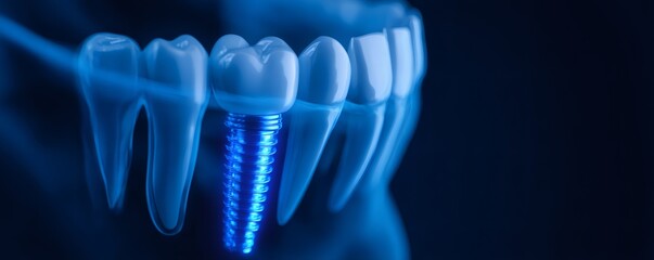 Oral dental implant with tooth row. Artificial intelligence and advanced technology in modern dentistry. Concept of healthy teeth.