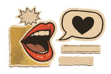 Retro paper cutout collage elements with shouting mouth and love heart speech bubble. Y2K zine culture vector set with torn newspaper parts and vintage halftone texture.