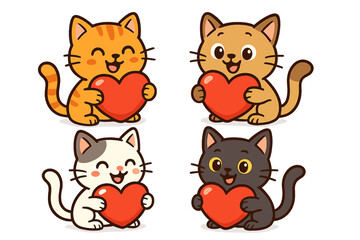 Set of cute cartoon cats holding red hearts. Adorable kawaii kittens characters collection for Valentine's Day, love, and affection. Vector animal pet illustration.