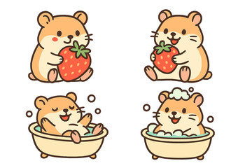 Cute hamster character set. Kawaii rodent eating strawberry and taking a bath. Adorable pet animal collection. Funny cartoon vector illustration for kids and nursery design.