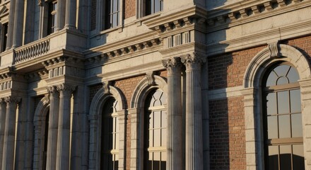 Obraz premium Historic Brick Building with Ornate Stone Columns and Arched Windows in Warm Sunset Light
