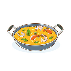 Traditional Spanish seafood paella with shrimp and rice in a pan vector illustration
