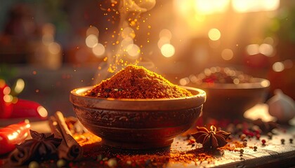Glowing Neon Interface Overlays Futuristic Data On Wooden Table And Spices In Cinematic Hdr Photography With Ultra Sharp Detail And Orange Tones