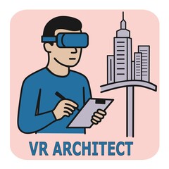 Virtual Reality Architect. Icon of a virtual reality architect designing digital buildings and worlds. Symbolizes the metaverse and future design professions.