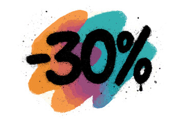 Sprayed 30 percent off graffiti. Urban street art style sale tag. Vector discount promotion with overspray texture on abstract shape. Stencil font. Thirty percent reduction.