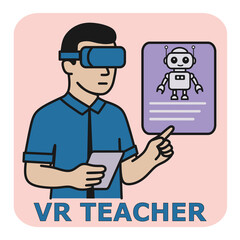 Virtual Reality Teacher. Digital Trainer. Icon of a teacher using virtual reality for teaching. Symbolizes future education and e-learning.
