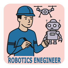 Roboticist. Robot Engineer. Icon of an engineer repairing humanoid robots. Symbolizing the future of engineering and the development of artificial intelligence.