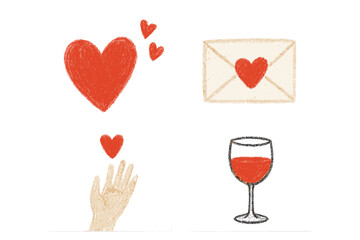Valentine's Day icon set with charcoal pastel texture. Hand-drawn romantic elements: hearts, love letter, hand giving love, and wine glass for celebration. Minimalist crayon art.