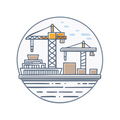 Obraz premium Simplified Vessel and Crane Illustration Ocean Port Construction Industry