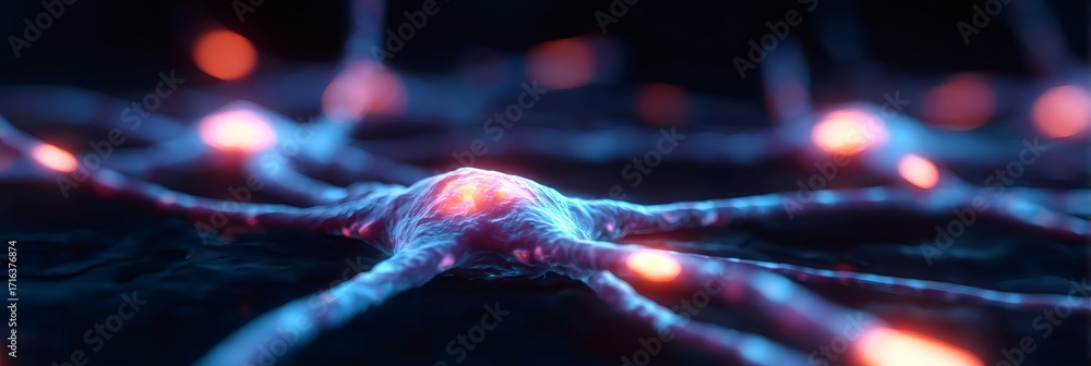 Poster microscopic view of active neuron cell firing in brain. neural network with glowing synapse. future 