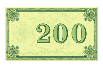 Banknote 200 voucher template with guilloche pattern and watermarks. Money design for gift voucher, coupon, certificate, diploma. Green currency background with security border.