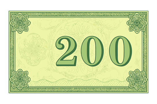 Banknote 200 voucher template with guilloche pattern and watermarks. Money design for gift voucher, coupon, certificate, diploma. Green currency background with security border. - Powered by Adobe