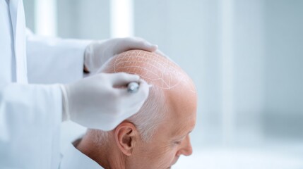 Doctor marking senior man's head for hair transplant. Surgeon preparing male patient for hair loss treatment. Modern medical procedure concept.