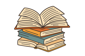 Stack of books with open book on top. Vector illustration for education, knowledge, and learning. Library, bookstore, or school concept. Retro literature and study icon design.