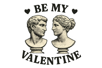 Vintage Valentine's Day card with antique busts of man and woman in halftone effect, retro collage style with romantic "Be My Valentine" typography, classic love symbol