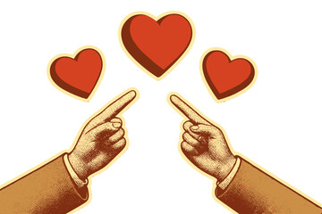 Valentine's Day vintage banner template with halftone hands pointing to 3D red hearts, romantic collage concept, cut-out arms illustration, love and celebration design, vector art