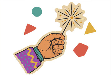 90s vintage New Year party with hand holding sparkler. Retro torn paper collage style. Festive holiday greeting card or poster design. Y2K cartoon vector illustration.