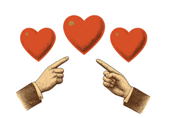 Vintage Valentine's Day banner template with halftone hands pointing at 3D hearts, romantic love concept, retro collage style, cut-out arms illustration, vector design for holiday greeting