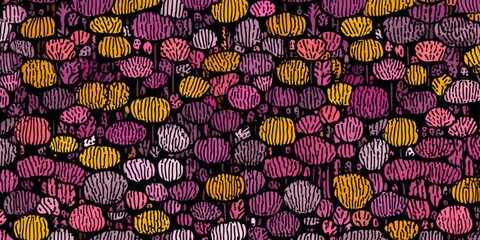 A repeating pattern of stylized, abstract trees in various shades of pink, purple, and yellow on a dark background.