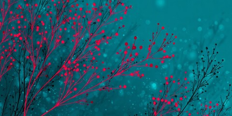 Vibrant teal background showcases delicate, stylized floral branches with crimson berries, creating a dreamy, artistic aesthetic.