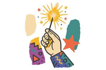 Vintage 90s New Year greeting card design. Hand holding sparkler in a retro torn paper collage effect. Cartoon vector illustration for holiday party invitation, festive poster.