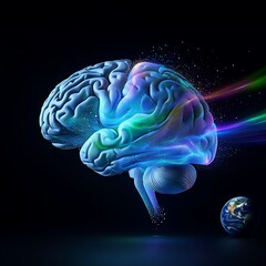 Fototapeta premium Abstract human brain with colorful energy streams and small earth globe symbolizing global consciousness