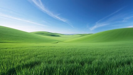 Obraz premium Minimalist summer landscape of a vibrant green field under a clear blue sky. A peaceful, natural background representing tranquility, nature, and open space