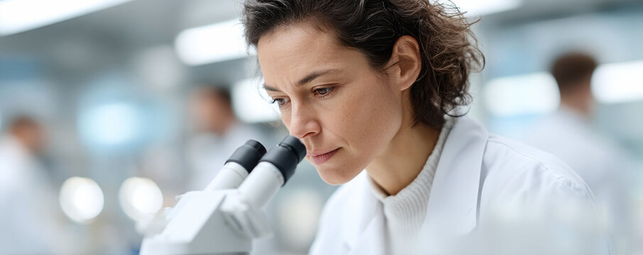 Focused scientist intently using a microscope in a sterile lab. Represents research, discovery, and dedication to scientific advancement. Ideal for healthcare or tech.