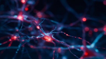 Close up of a human neuron with glowing red impulses. Digital visualization of brain activity and nervous system. Neuroscience research concept.