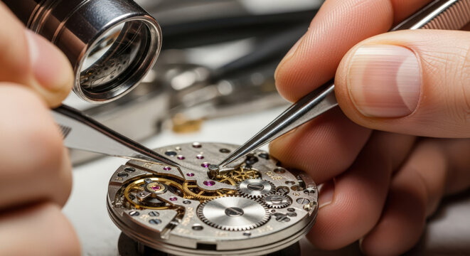 Precision Timekeeping A Watchmaker's Delicate Touch in Assembling Intricate Clockwork Mechanisms with Magnifying Glass and Tweezers for Optimal Performance