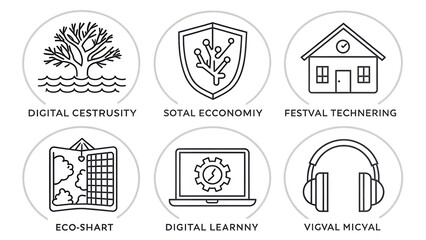 Minimalist Line Icons: Environment, Security, Home, Chart, Laptop, Headphones in White Circles on White - Clean, Vector Illustrations.                