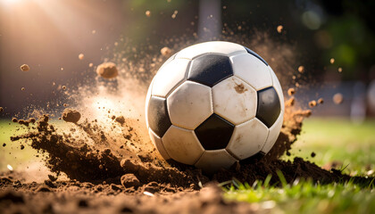 Fototapeta premium A soccer ball hits the ground with force, scattering soil and rocks in dramatic motion, symbolizing speed, energy, and raw athletic power outdoors.