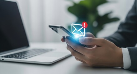 Urgent email alert on smartphone for busy executive needing quick response in a modern office setting
