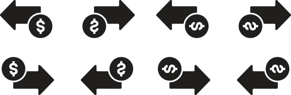 Money increase and decrease icons. Low or high total cost icon. Price, sale, rate or profit going up or down symbol with arrow and dollar sign. Vector illustration.
