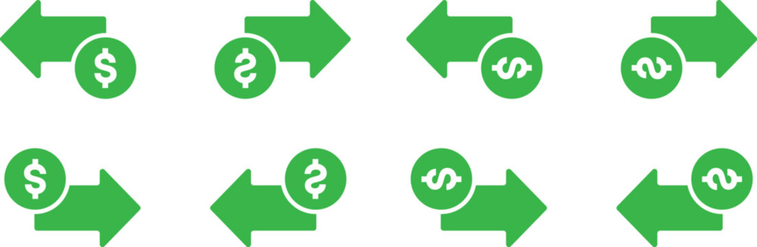 Money increase and decrease icons. Low or high total cost icon. Price, sale, rate or profit going up or down symbol with arrow and dollar sign. Vector illustration.