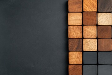 Wooden Blocks Composition: An elegant arrangement of wooden blocks showcasing various tones and textures on a dark backdrop, evoking a sense of artistry.