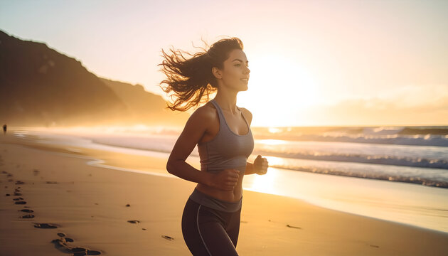 Young woman running on a beach at sunset, enjoying a healthy lifestyle and fitness.