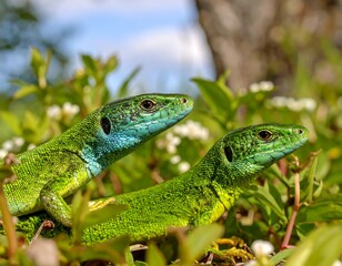 Fototapeta premium Two emerald green lizards amongst white flowers