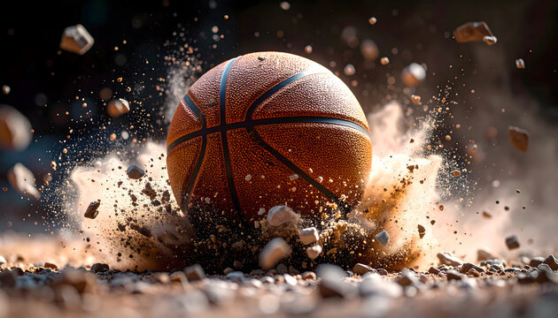 Close-up of a basketball striking the ground hard, breaking dust and gravel into the air, capturing strength, speed, and dynamic energy in the game.