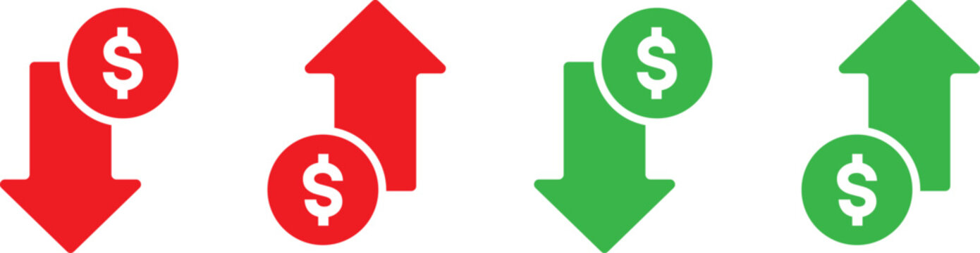 Money increase and decrease icons. Low or high total cost icon. Price, sale, rate or profit going up or down symbol with arrow and dollar sign. Vector illustration.