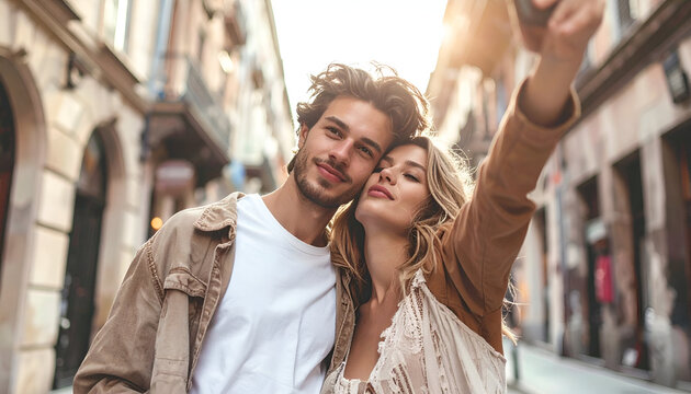Romantic Couple Exploring City Street.