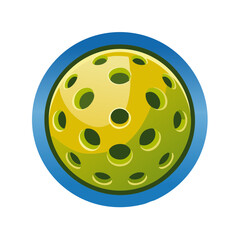 Fototapeta premium Yellow perforated ball illustration with blue border for sporting goods, pickleball, indoor recreation and active lifestyles. Game ball cartoon.