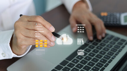 Businessman manages document system via cloud computing technology. Professional uploads and downloads files to online storage for data backup and security. Concept of database transfer.