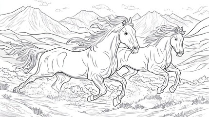 Two horses running through mountains
