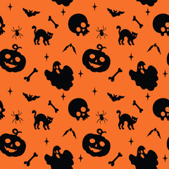 Halloween pattern with spooky silhouettes - pumpkin, skull, ghost, bats, black cat, spider, bones. Ideal for festive design for Halloween decoration, textile, print and wrapping paper.