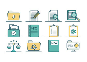 Collection of Business and Office Icons with Documents Folders and Legal Balance Scale representing Various Office Tasks and Workflow Management