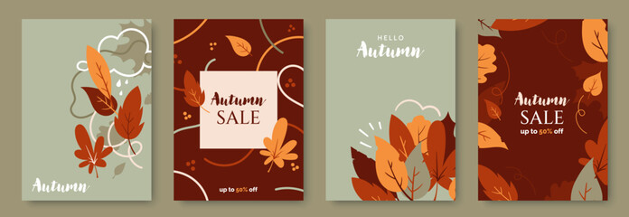Set of modern autumn sale posters with decorative fall leaves in warm colors. Stylish flat vector design for autumn promotions, discounts, and advertisements. Ideal for flyer, banner, social media.