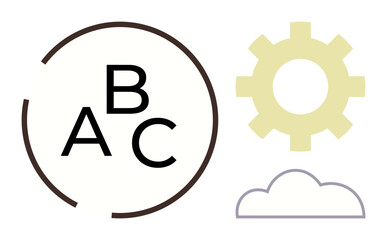 ABC letters in minimalist circle design alongside yellow gear and outlined cloud. Ideal for education, collaboration, productivity, innovation, networking, cloud technology, simplicity. Clean simple